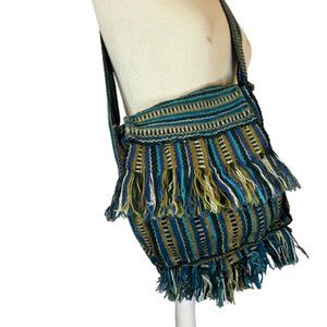 Boho Woven Flap Front Blue Stiped Shoulder Strap Bag